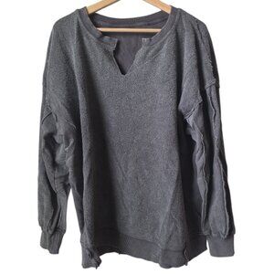 Distressed Gray Notch-Neck Oversized Sweatshirt